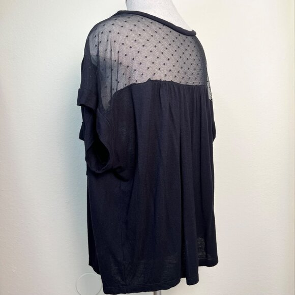 SOPRANO Black Sheer Polka Dot Mesh Panel Short Sleeve Top Size Large - Picture 5 of 9